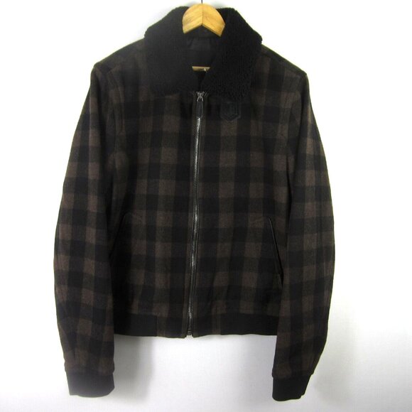 Coach Mens L Buffalo Plaid Shearling Collar Wool Leather Trim Bomber Jacket